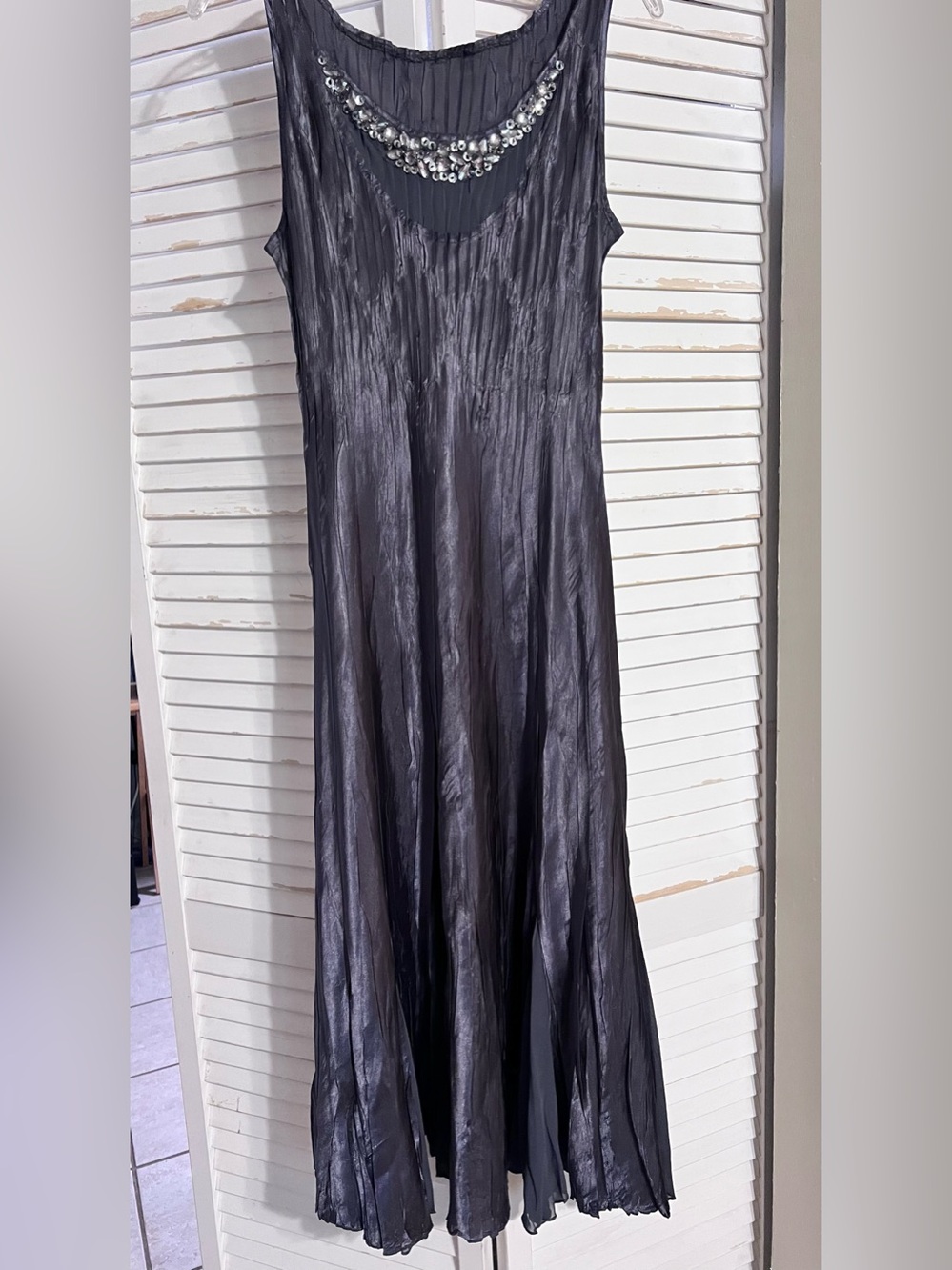 Satin Crinkle Pleated Dress in Silvery Plum Color - Stone Sequin embellishments